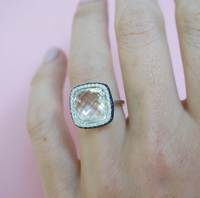 Yovela Ring with Emerald cut Blue Topaz, VS Diamond | 3.69 carats Rectangle  Blue Topaz Sidestone Ring in 14k White Gold | Diamondere